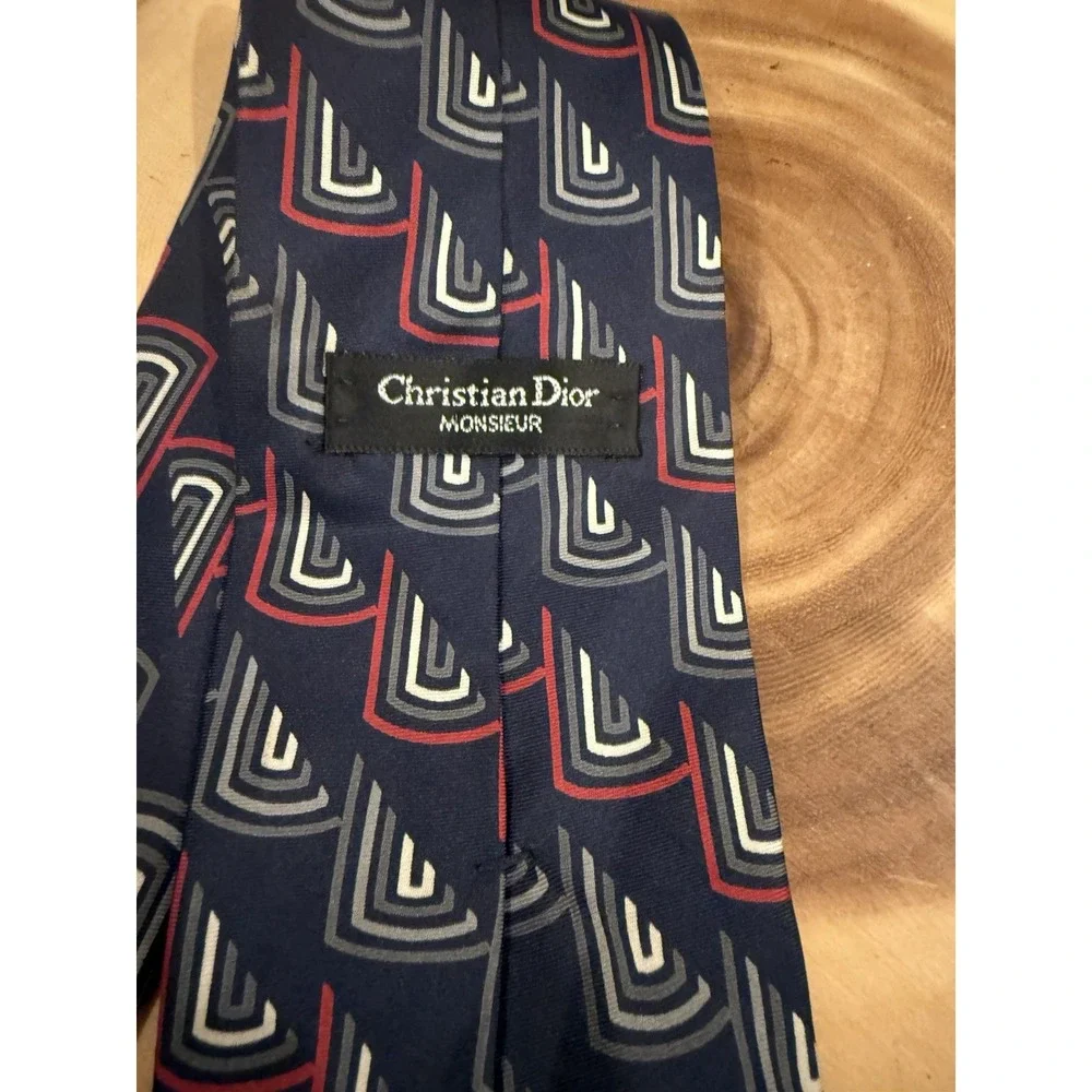 Christina Dior Neck Tie Mens Blue Red Grey  Geometric‎ Tie Vintage USA